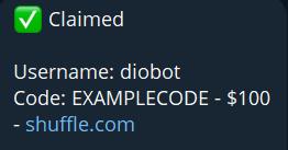 Example Telegram notice showing a claimed Shuffle code, the username, and the amount
