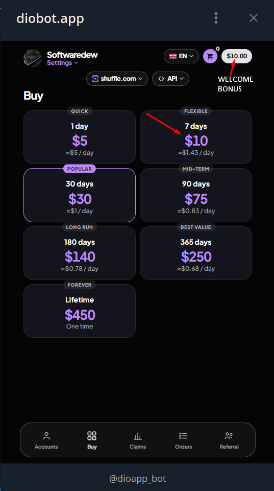 dioBot Telegram mini app showing the current plans and welcome balance